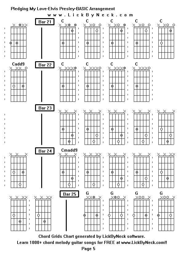 Chord Grids Chart of chord melody fingerstyle guitar song-Pledging My Love-Elvis Presley-BASIC Arrangement,generated by LickByNeck software.